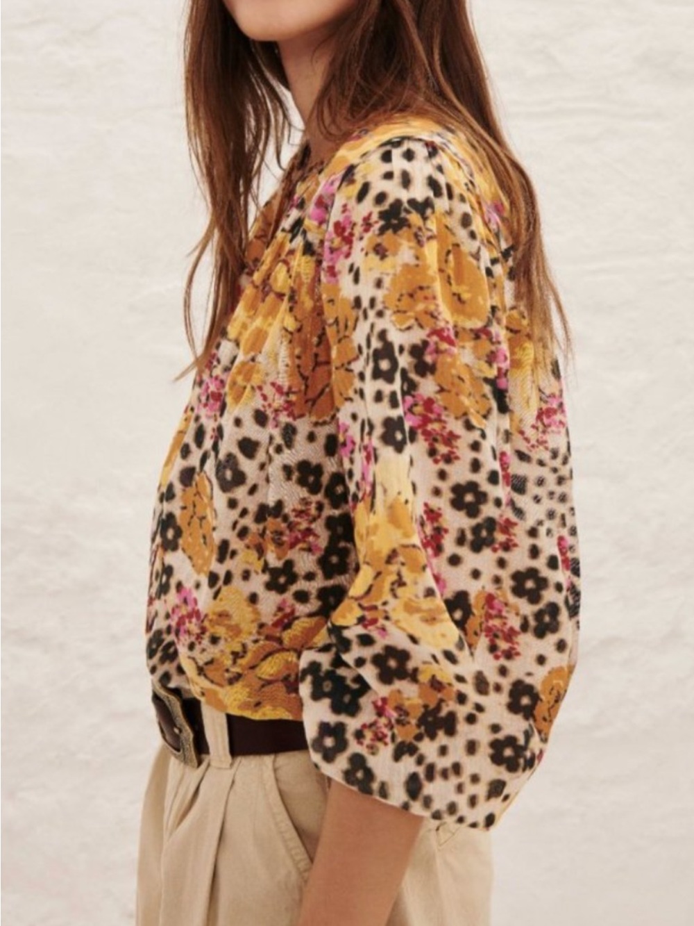 Ba&sh Womens Medium Floral Animal Print Blouse Long Sleeve Flowy Bohemian Casual